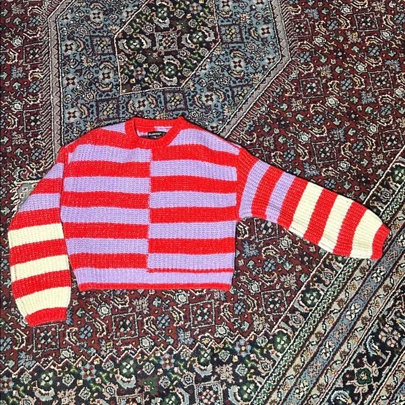 BLANKNYC Good Mood Striped Sweater Small Red Purple Cream Chunky Knit Oversized - Picture 3 of 9